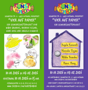 Plakat zur Ausstellung "Vier auf Papier" im Kunstbonbon.